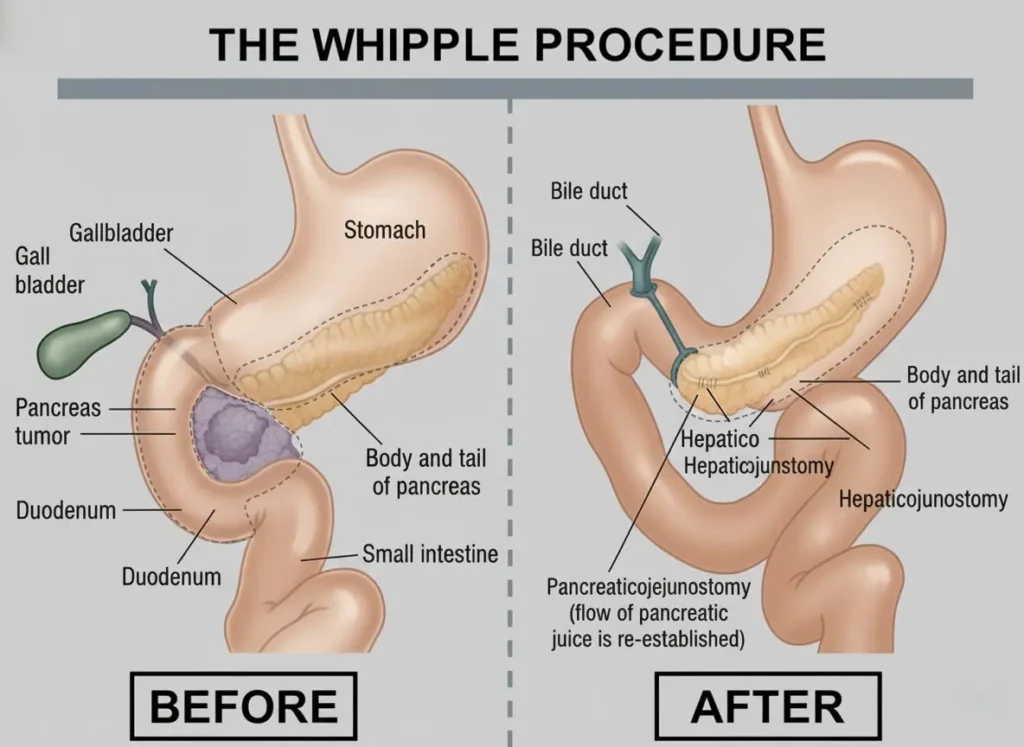 Whipple surgery illustration showing pancreas, duodenum, bile duct, and gallbladder removal and reconstruction for pancreatic cancer treatment