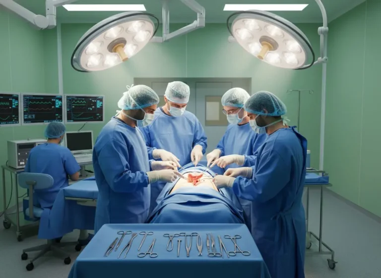 Illustration of an operating room where surgeons are performing Whipple surgery for pancreatic cancer on a patient’s abdominal area